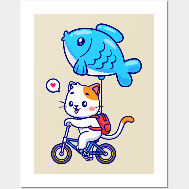 Cute Cat Riding Bicycle With Fish Balloon Cartoon Wall Art by Catalyst Labs